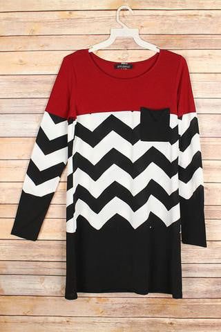Burgundy with Black and White Chevron Top