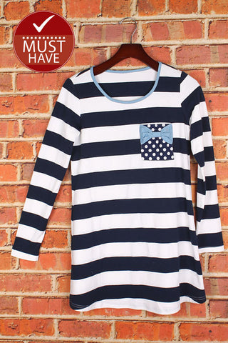 Striped Long Sleeve Tee with Bow Pocket