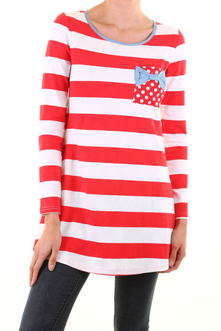 Striped Long Sleeve Tee with Bow Pocket