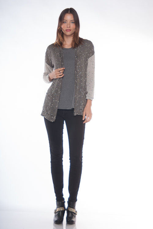 Oatmeal and charcoal two-toned striped cardi