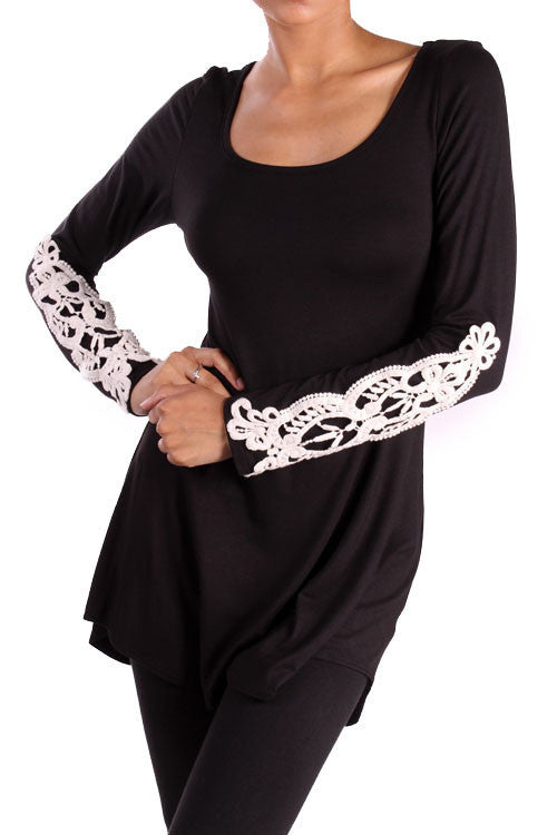 Black Long Sleeve Top with Cream Lace