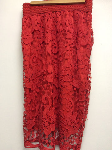 Red lace pencil skirt with scalloped hem